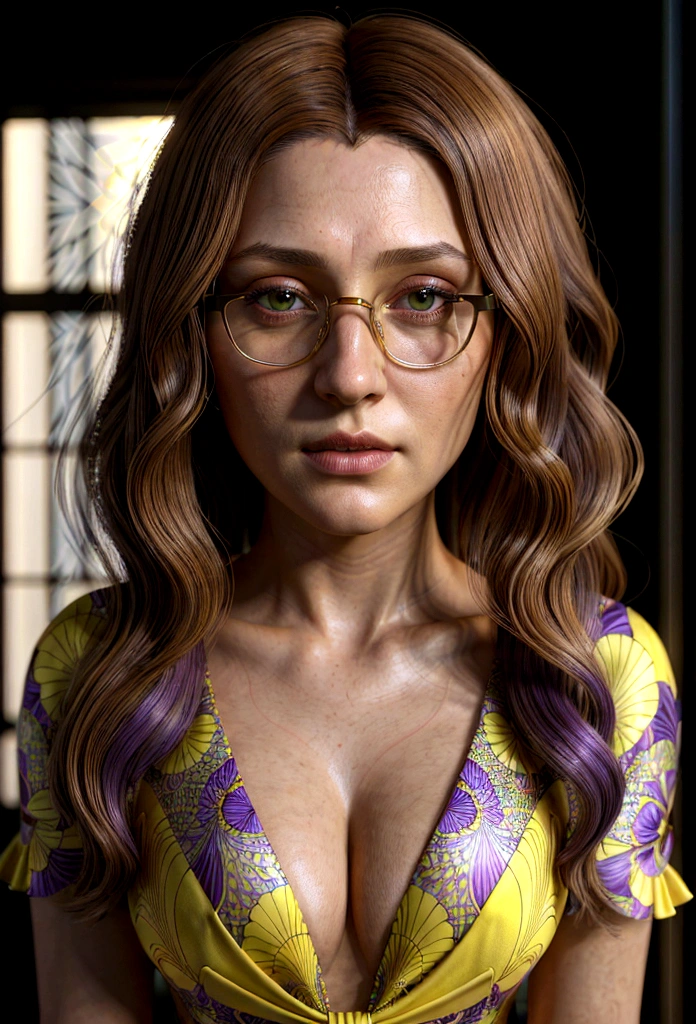 Photograph of a well dressed female aroused hyperrealist by David Hockney and Alphonse Mucha, photorealistic, dynamic lighting, art station, poster, volumetric lighting, highly detailed face, 4k, award-winning, 1 woman, darkness, deep shadows, low key, portrait, bob hair, yellow and Purple mixed hair, glasses, Big breasts, looking straight at the viewer, fractal pattern in the background