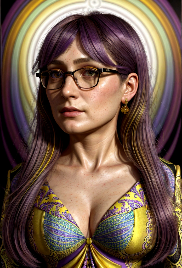 Fotografía de una mujer bien vestida, hiperrealista y excitante, de David Hockney y Alphonse Mucha, Fotorrealista, iluminación dinámica, estación de arte, póster, iluminación volumétrica, Cara muy detallada, 4k, Premiado, 1 mujer, oscuridad, sombras profundas, low key, Retrato, pelo bob, cabello mixto amarillo y morado, anteojos, pechos grandes, Mirando directamente al espectador, Patrón fractal en el fondo.