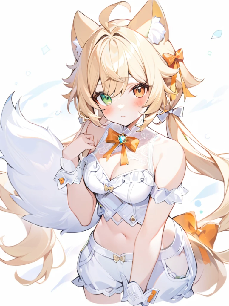 1girl, animal ears, bangs, bare shoulders, blonde hair, blush, bow, breasts, white cleavage, cropped torso, , green eyes, hair ribbon, heterochromia,  stlooking at viewer, , orange bow, orange eyes, orange ribbon, ears like an unearthly animal, fluffy tail, light tail, real tail, ribbon, solo, stuffed animal, stuffed bunny, stuffed toy, twintails, upper body, full-length, white legbands, white shoes with lace and white bows, white background, wrist cuffs, yellow eyes, bloomers, close-up, fair skin frills, lace, midriff, skirt, solo, , white background,shorts, white top with ribbon and lace and trousers,trousers, genshin,white slippers with a bow,All clothes are white, laceAt full height, it stands, в полный рост