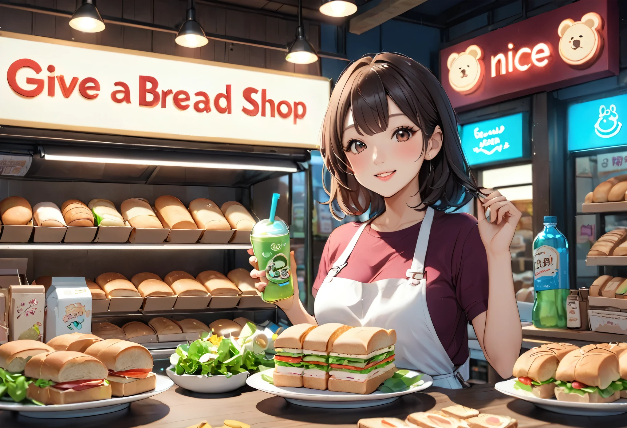 パン店，かわいらしい女の子，女性店員，にっこり，美しい顔，制作サンドイッチ，_与える，壁にはかわいいクマの看板，小熊パン，ネオンライト，パン，ビスケット，サンドイッチ，サラダ，ボトル入り飲料，アニメ，素敵な背景，被写界深度，CG 統一，図，