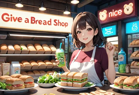 Bread店，A pretty girl，Female shop assistant，Happy smile，beautiful face，制作Sandwiches，_Give，A cute bear shop sign on the wall，小熊Bre...