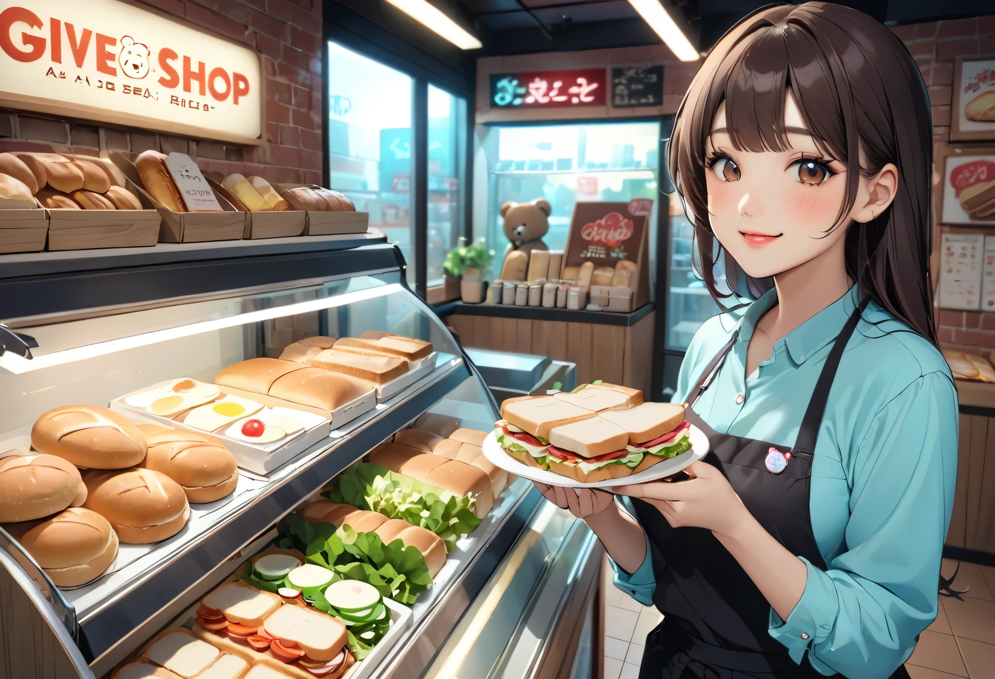 Bread店，A pretty girl，Female shop assistant，Happy smile，beautiful face，制作Sandwiches，_Give，A cute bear shop sign on the wall，小熊Bread，neon light，Bread，biscuit，Sandwiches，Salad，Bottled drinks，anime，Nice background，Depth of Field，CG unity，illustration，