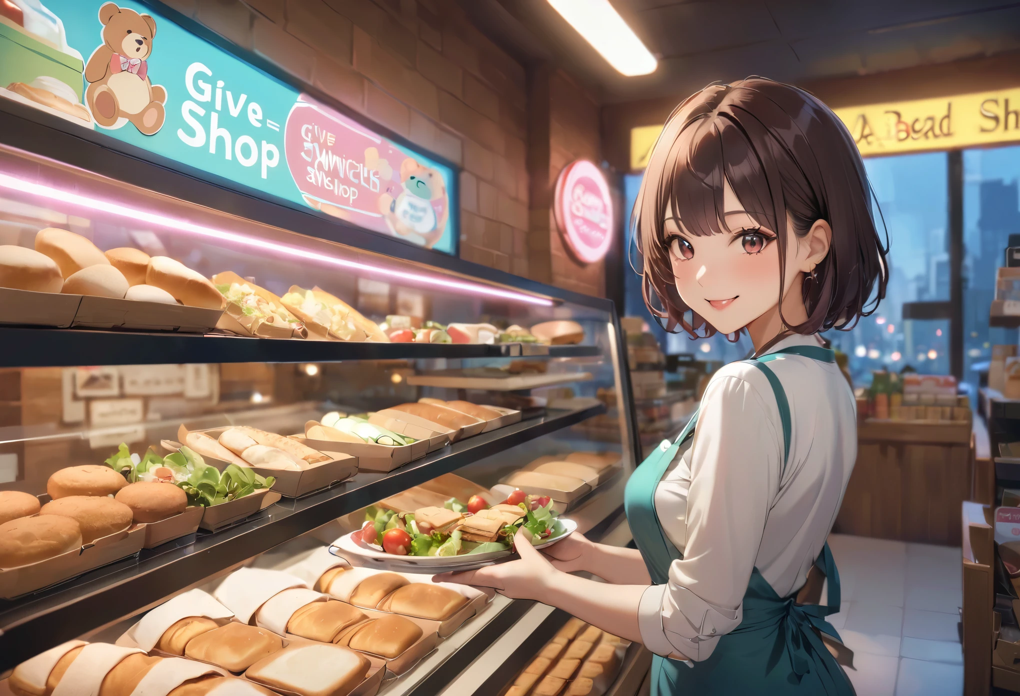 パン店，かわいらしい女の子，女性店員，にっこり，美しい顔，制作サンドイッチ，_与える，壁にはかわいいクマの看板，小熊パン，ネオンライト，パン，ビスケット，サンドイッチ，サラダ，ボトル入り飲料，アニメ，素敵な背景，被写界深度，CG 統一，図，