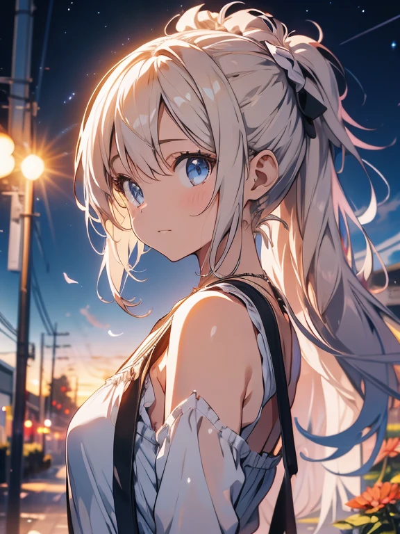 absurdres, absolutely resolution, incredibly absurdres, highres, ultra detailed, official art, unity 8k wallpaper,
BREAK
1 girl, soro, twintails, long hair, blonde hair, blue eyes, white sundress, bare shoulders, shoulder strap,
BREAK
(from side:1.2), hand on head, upper body,
BREAK
wind, night, stary sky, flower field, lily \(flower\), Crescent Moon,