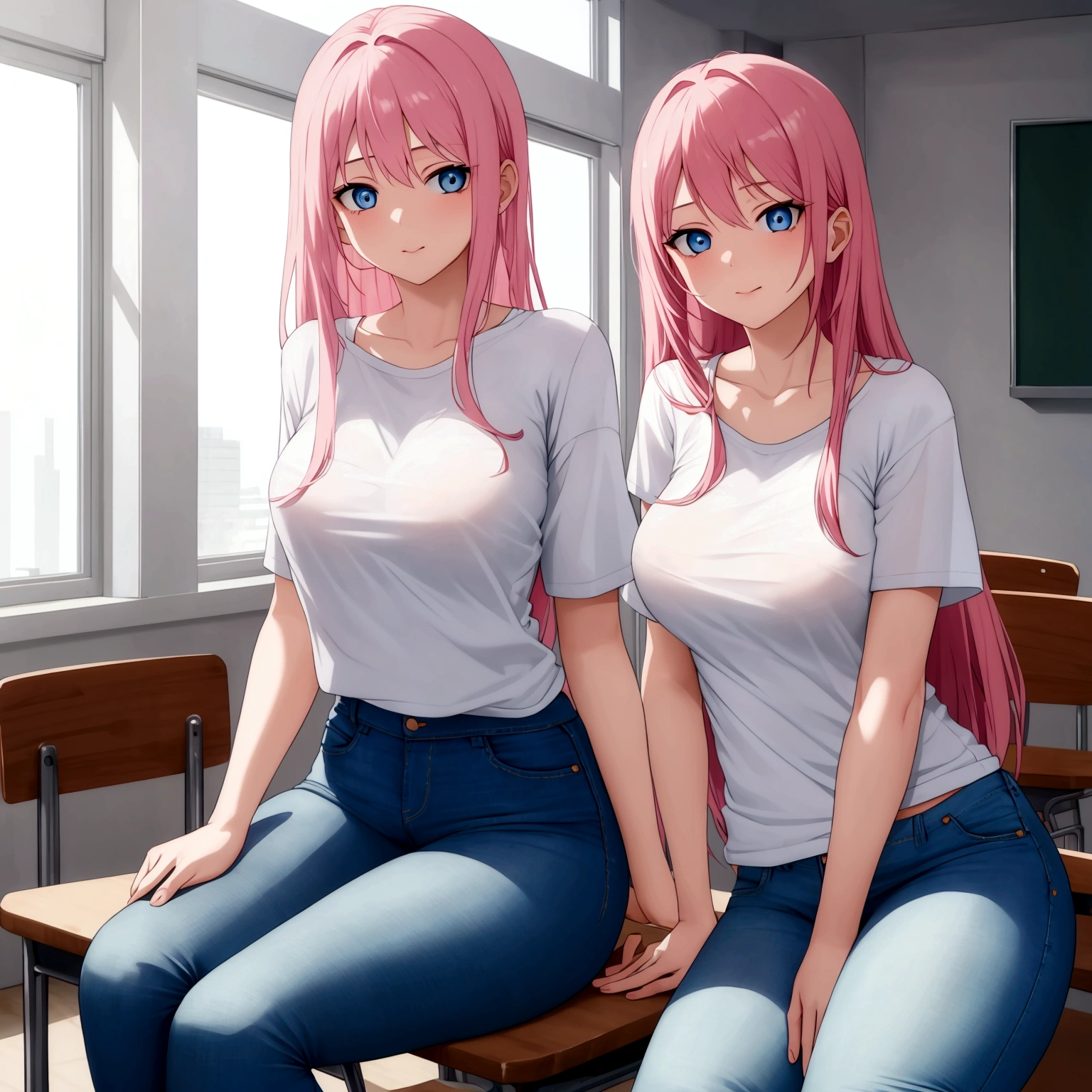 Attractive women + pink hair+ blue eyes+ white t-shirt+ jeans - SeaArt AI