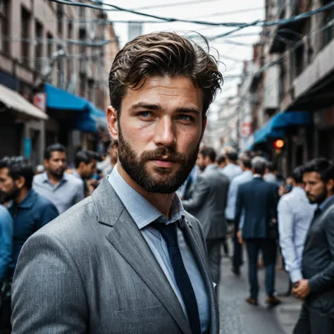 raw photo, full body portrait of a beautiful man with a beard in a grey suite, he stands in a crowded street with tangled power ...