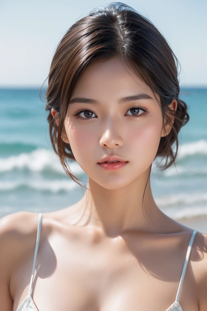 ((Highest quality)),((8K)),(Genuine)、(detailed)、(Beach)、(Bust up shot)、(Big Breasts)、Golden ratio of face to shoulder width、繊細でdetailedな鮮やかな美しい色の衣裳:1.4、Micro Bikini、Glossy short bob、Glowing Skin、Japanese、beauty、Looking into the camera、Duck mouth、cute、Hehehe:1.2、Shot with a film camera、RAW shooting、#24、Genuine、フォトGenuine:1.4、Photon Mapping、Physically Based Rendering、Perfect Anatomy、detailedな目、detailedな二重、detailedな咬筋、detailedな鎖骨、Perfect Fingers、Finger Description、(品質 8K)、((White skin))、Avoid mascara、Hair with movement、detailedな毛穴、Natural light、detailedな描写、Blushing、Fine pores、Perfect cleavage、masterpiece、Blushing、Hair with movement、detailedな腹筋、Sparkling、Cowboy Pose、sexy、detailedな脇の下、(Big Breasts)、face closeup 、(Upper Body)、detailedな目元、