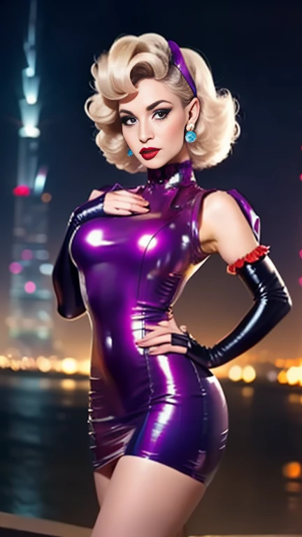 Movie film stills beautiful adult woman, 30 years old, alone,  Frank, eyeliner, eye shadow, compensate, ((lip liner)),  ((Platinum Blonde Hair)) Bob Cut Hair, [Finger waves] Hair fascinator, 最high quality, high quality, High detail, 4K, 8K resolution, dr3ss, Bodycon Dress, Rainbow Latex, skirt, See-through, Perfect fit, Earrings, chest, Platform heels, Playing with the audience, In-person audience, Are standing, (elbow gloves), gloves, Fluffy ruffled sleeves, close, Dubai, Burj Khalifa, City lights at dusk . Shallow depth of field, Vignette, Very detailed, High budget, Bokeh, CinemaScope, Sulky, amazing, nice, Film Grain, granular