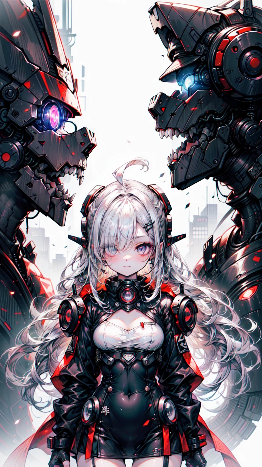 (One Girl)、(beauty)、(Gray Hair)、(30 years old)、(Best image quality)、(8K quality)、(cyber punk)、(Tabletop)、 (Flickering Light)、(cyber punkの軍服を着る)(With a sword)、Cinematic Light, Cinema Shadow, Clear images, Very detailed, Volumetric, brightスプライト, Particle Effects, Beautiful Effects, Vibrant colors, neon, neonライト, Very detailed画像テクスチャ, Thin Hair, fine grain,  city、Black Hair、Shining Eyes、Glowing red aura、Photo on the lap、Legion of Machines、（Dark Elf), (1 Girl), alone, Perfect Face, Get used to it, Ahoge, ((Long Hair:1.2)), (Hair above one eye:1.3), [[Messy Hair]], Shiny blonde white hair, Purple eyes, Variegated eyes, Colorful Hair, Shining Eyes, (eyelash, eye shadow, pink eye shadow), bright, smile, Design Art：haruhiko mikimoto, by Kawashi, By Yoshitaka Amano, Dark Skin