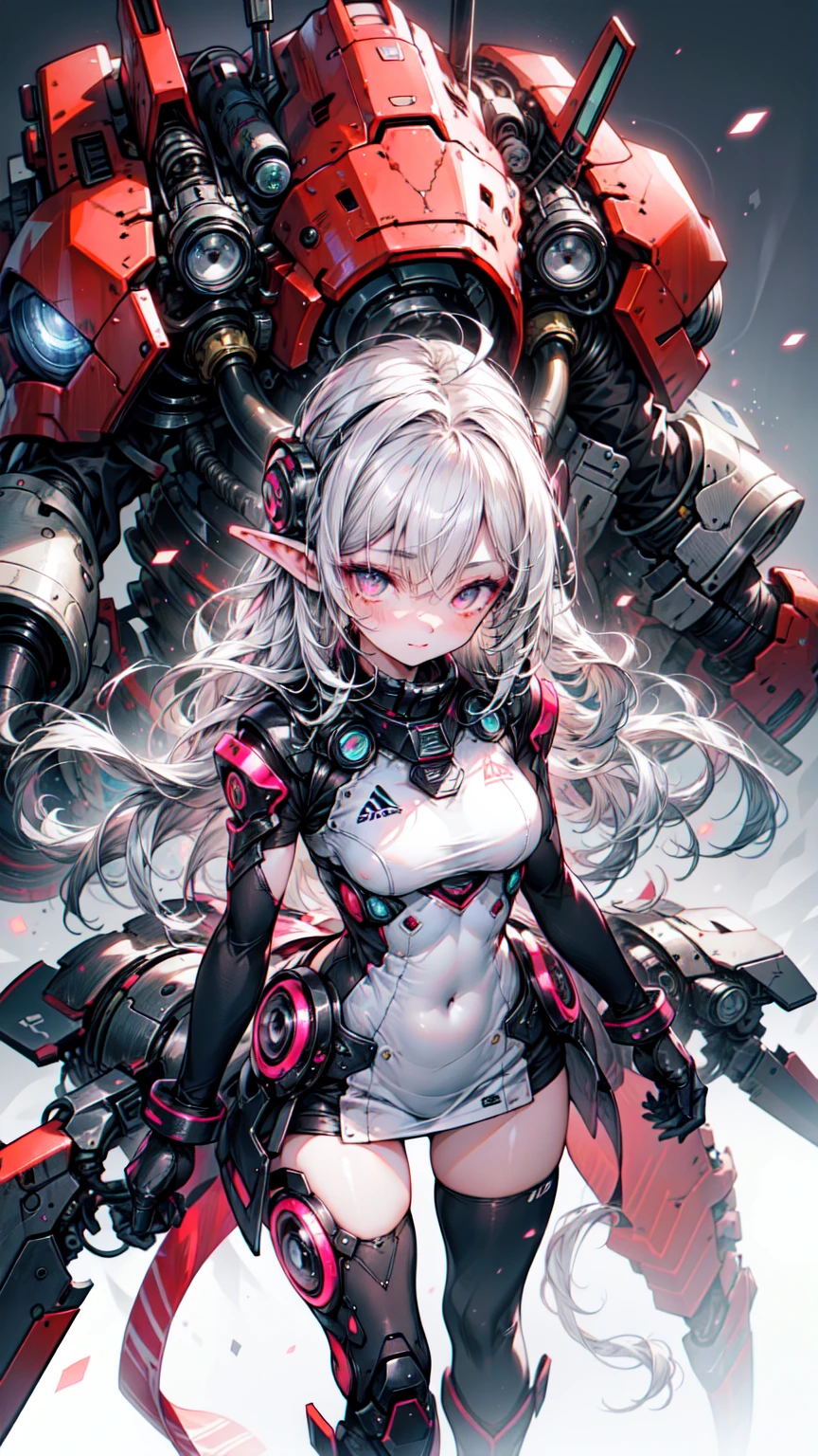 (One Girl)、(beauty)、(Gray Hair)、(30 years old)、(Best image quality)、(8K quality)、(cyber punk)、(Tabletop)、 (Flickering Light)、(cyber punkの軍服を着る)(With a sword)、Cinematic Light, Cinema Shadow, Clear images, Very detailed, Volumetric, brightスプライト, Particle Effects, Beautiful Effects, Vibrant colors, neon, neonライト, Very detailed画像テクスチャ, Thin Hair, fine grain,  city、Black Hair、Shining Eyes、Glowing red aura、Photo on the lap、Legion of Machines、（Dark Elf), (1 Girl), alone, Perfect Face, Get used to it, Ahoge, ((Long Hair:1.2)), (Hair above one eye:1.3), [[Messy Hair]], Shiny blonde white hair, Purple eyes, Variegated eyes, Colorful Hair, Shining Eyes, (eyelash, eye shadow, pink eye shadow), bright, smile, Design Art：haruhiko mikimoto, by Kawashi, By Yoshitaka Amano, Dark Skin