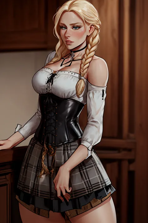 ch3rryg1g, cowboy shot of beautiful blonde lady, braid, black corset, choker, white ornate dreass, plaid skirt  