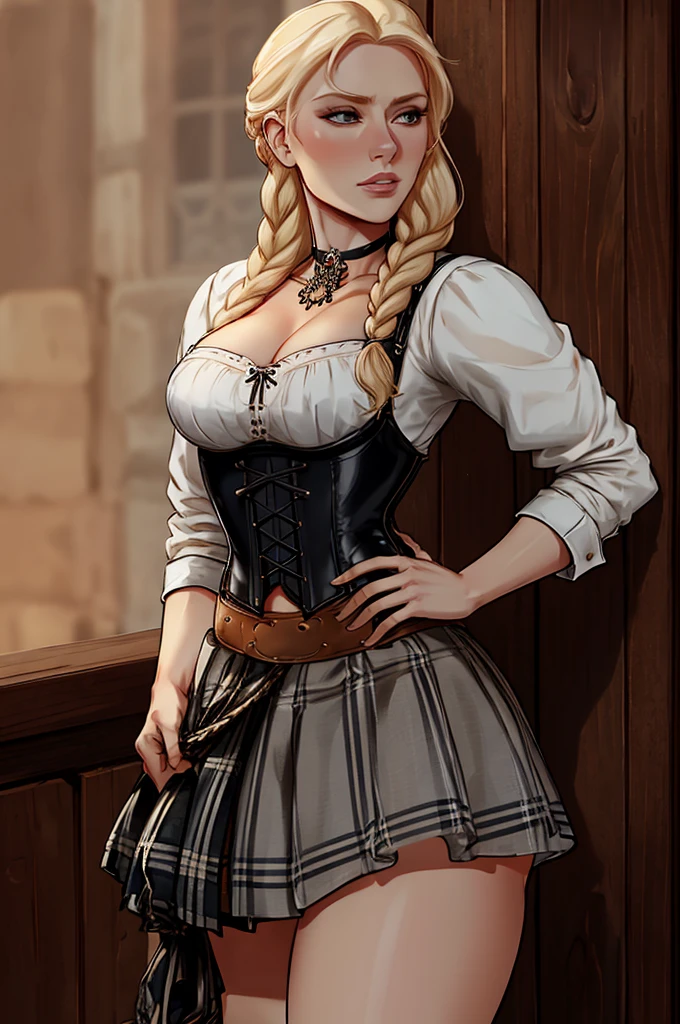 ch3rryg1g, cowboy shot of beautiful blonde lady, braid, black corset, choker, white ornate dreass, plaid skirt  