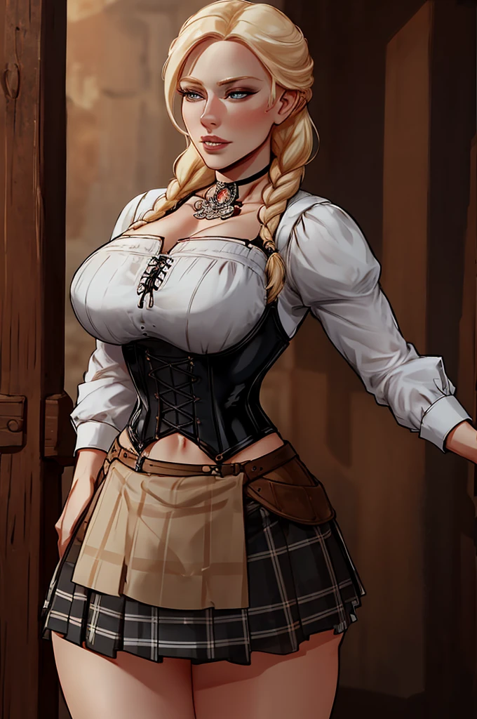 ch3rryg1g, cowboy shot of beautiful blonde lady, braid, black corset, choker, white ornate dreass, plaid skirt  