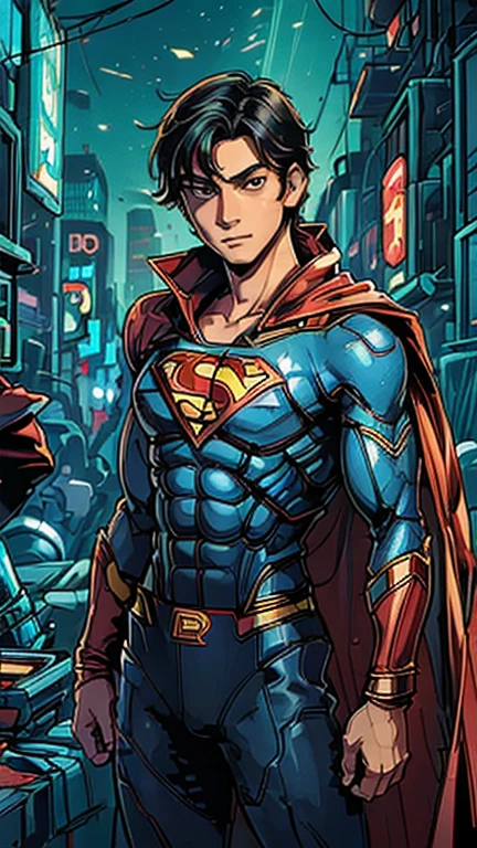 best quality,masterpiece,1boy,solo,(((13years old))),japanese boy,an extremely cute and handsome boy,highly detailed beautiful face and eyes,petit,cute face,lovely face,baby face,shy smile,show teeth, Black hair,Short hair,flat chest,skinny,slender,(((wearing a Superman costume,red cape))),(((heroic pose in Dark Midnight Neon Glow light Cyberpunk metropolis city))),he is looking at the viewer,