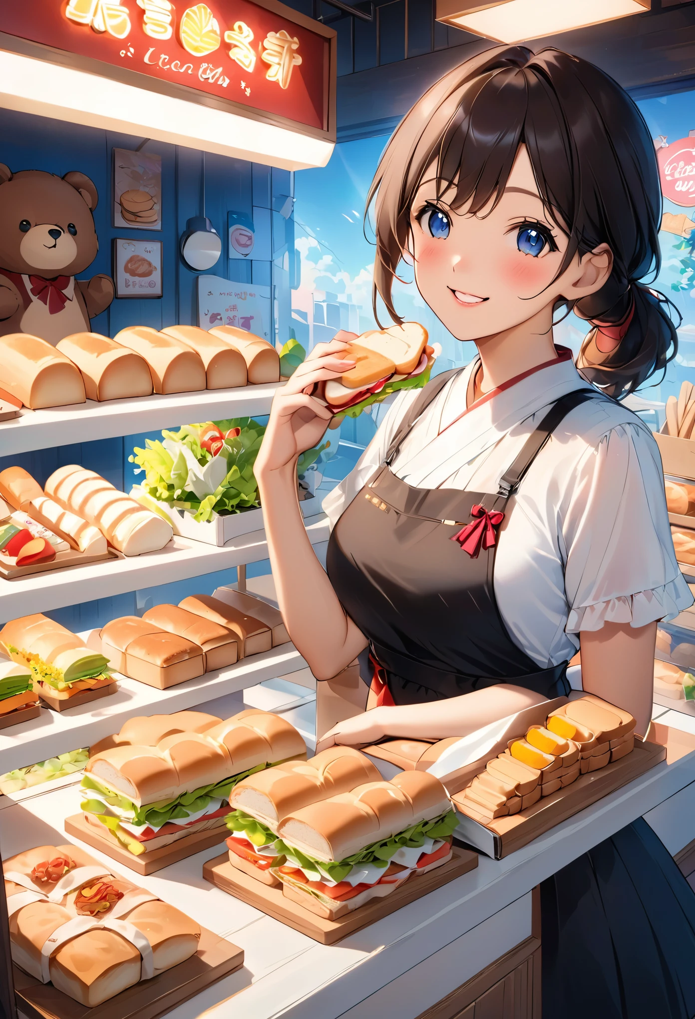 Bread店，A pretty girl，Female shop assistant，Happy smile，beautiful face，制作Sandwiches，_Give，A cute bear shop sign on the wall，小熊Bread，neon light，Bread，biscuit，Sandwiches，Salad，Bottled drinks，anime，Nice background，Depth of Field，CG unity，illustration，