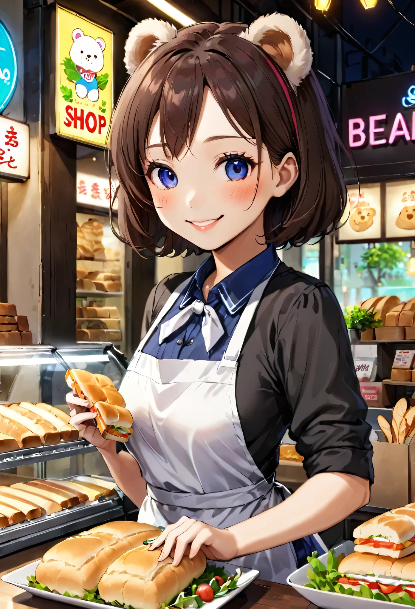 Bread店，A pretty girl，Female shop assistant，Happy smile，beautiful face，制作Sandwiches，_Give，A cute bear shop sign on the wall，小熊Bread，neon light，Bread，biscuit，Sandwiches，Salad，Bottled drinks，anime，Nice background，Depth of Field，CG unity，illustration，