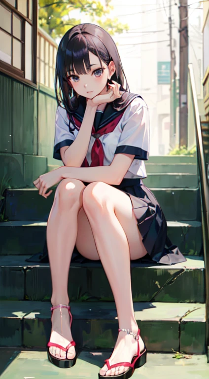 Arab Asian woman sitting on stairs，Chin on both hands, Realistic Young gravure idol, Surrealism schoolgirl, Young beautiful gravure idol, Young gravure idol, Lovely , Surrealism , Young and thin gravure idol, Young sexy gravure idol, Japan女孩校服, Beautiful anime high school, Japan 、((Top quality)), ((masterpiece)), (detailed),