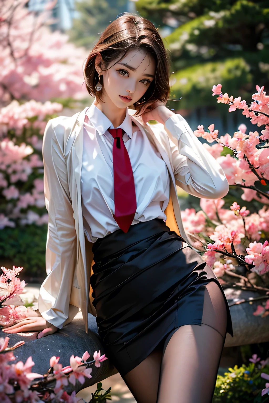 A beautiful young girl with chestnut brown hair in a choppy bob hairstyle, with captivating eyes, flawless glowing skin, a medium bust, lovely leg lines, thick thighs, and a slim waist, wearing a  with a necktie, a pencil skirt, and red high heels with pantyhose, standing in a cherry blossom garden path, looking directly at the viewer from a low angle, full body shot with focus on her legs. (best quality,4k,8k,highres,masterpiece:1.2),ultra-detailed,(realistic,photorealistic,photo-realistic:1.37),HDR,UHD,studio lighting,ultra-fine painting,sharp focus,physically-based rendering,extreme detail description,professional,vivid colors,bokeh,portraits,photography,warm color tones