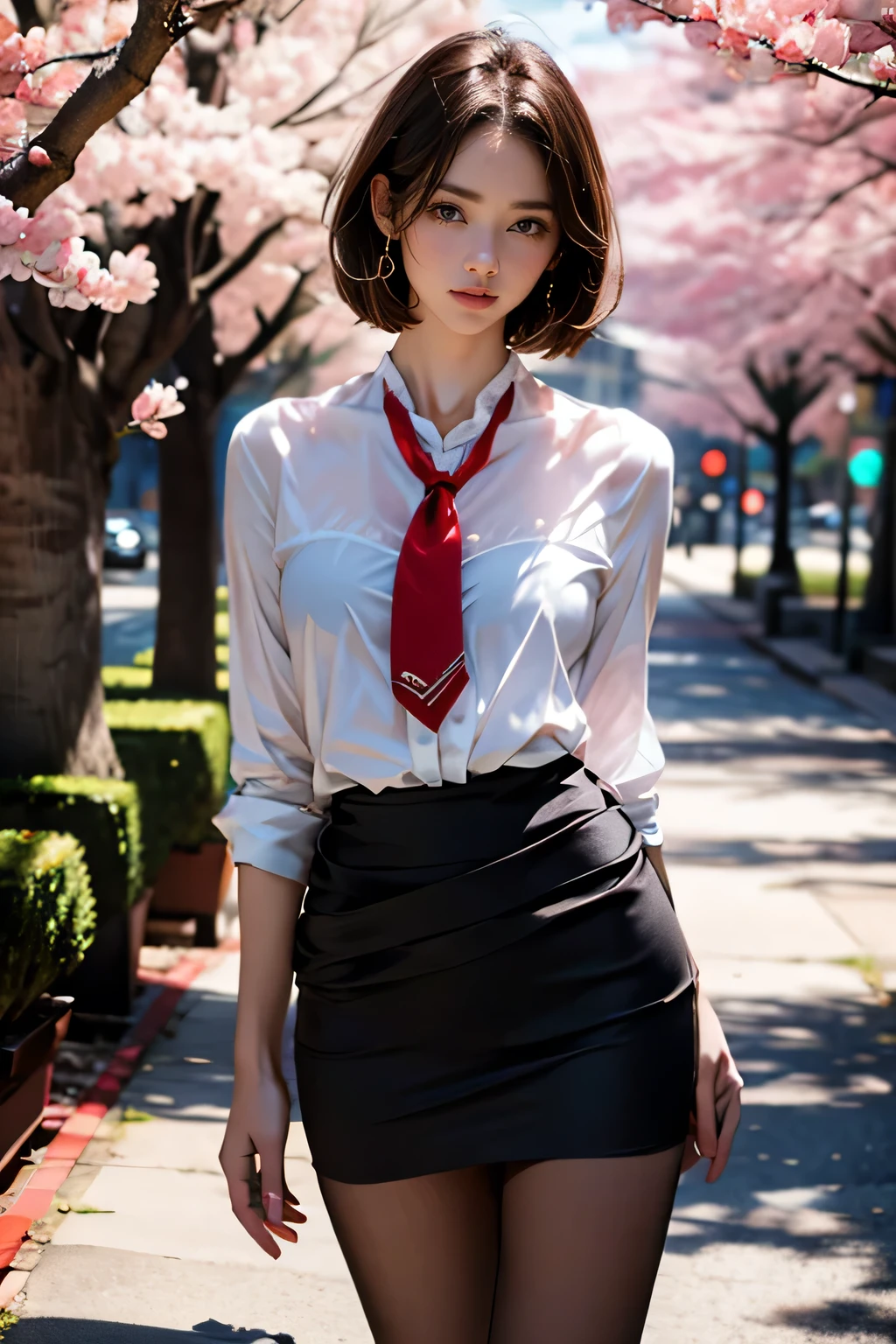 A beautiful young girl with chestnut brown hair in a choppy bob hairstyle, with captivating eyes, flawless glowing skin, a medium bust, lovely leg lines, thick thighs, and a slim waist, wearing a  with a necktie, a pencil skirt, and red high heels with pantyhose, standing in a cherry blossom garden path, looking directly at the viewer from a low angle, full body shot with focus on her legs. (best quality,4k,8k,highres,masterpiece:1.2),ultra-detailed,(realistic,photorealistic,photo-realistic:1.37),HDR,UHD,studio lighting,ultra-fine painting,sharp focus,physically-based rendering,extreme detail description,professional,vivid colors,bokeh,portraits,photography,warm color tones