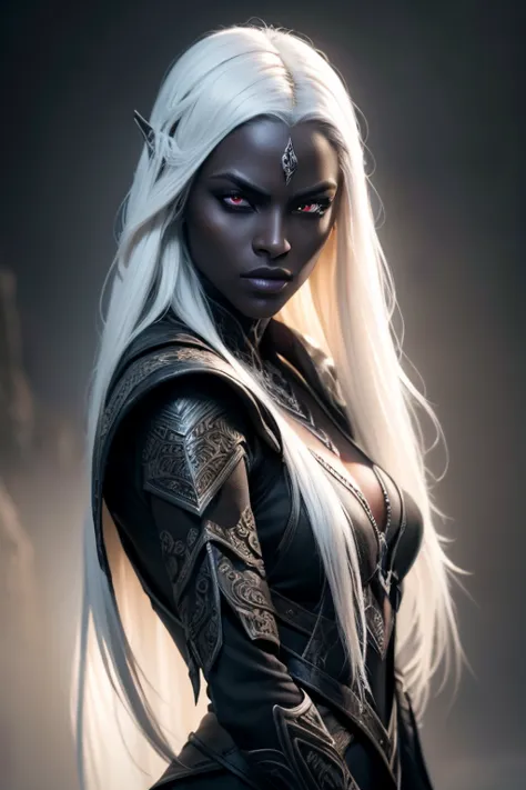 A beautiful dark elf woman, drow, with dark grey skin and long white hair, intricate detailed facial features, porcelain skin, s...