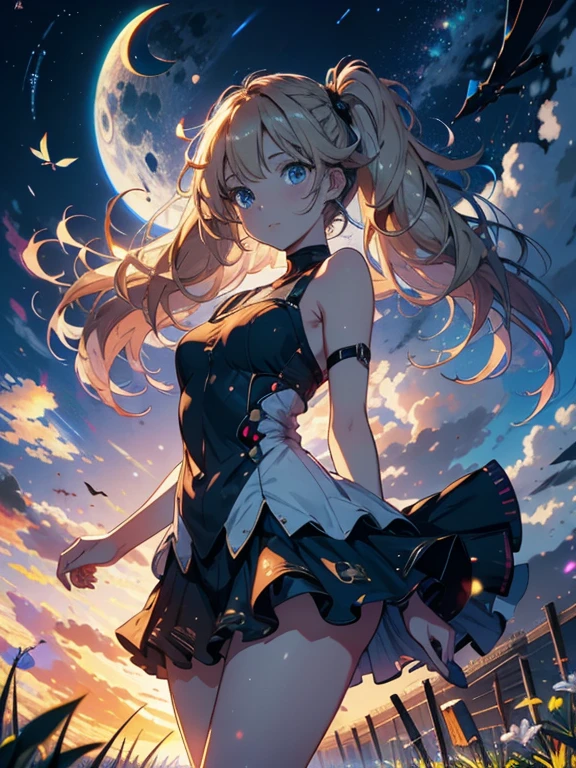 absurdres, absolutely resolution, incredibly absurdres, highres, ultra detailed, official art, unity 8k wallpaper,
BREAK
30years old , difficult, twintails, long hair, blonde hair, blue eyes, white sundress, bare shoulders, shoulder strap,
BREAK
(from side:1.2), hand on head, glamorousBODY,Shiny Skin,Shiny Hair,Dynamic Angle,Plump thighs,
BREAK
wind, night, stary sky, flower field, lily \(flower\), Crescent Moon,Lighting using airborne particles,