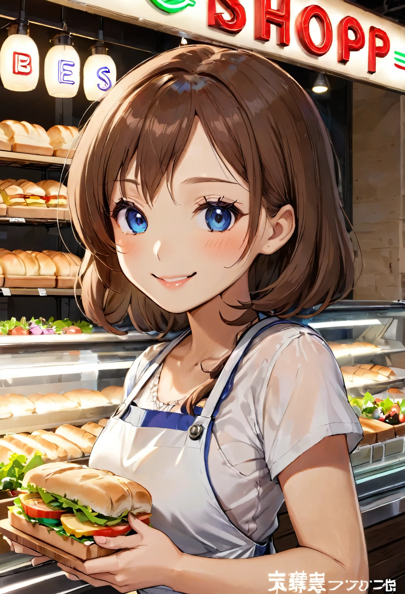 Bread店，A pretty girl，Female shop assistant，Happy smile，beautiful face，制作Sandwiches，_Give，A cute bear shop sign on the wall，小熊Bread，neon light，Bread，biscuit，Sandwiches，Salad，Bottled drinks，anime，Nice background，Depth of Field，CG unity，illustration，