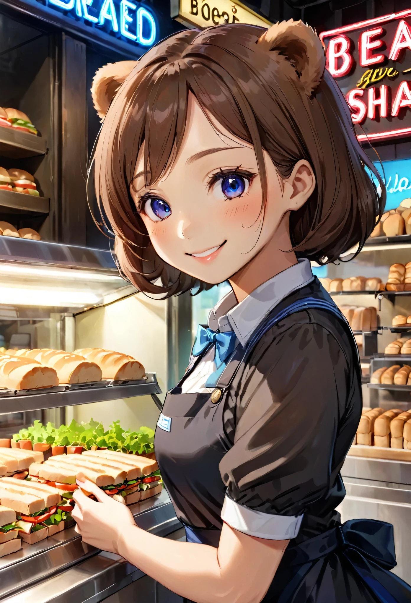 Bread店，A pretty girl，Female shop assistant，Happy smile，beautiful face，制作Sandwiches，_Give，A cute bear shop sign on the wall，小熊Bread，neon light，Bread，biscuit，Sandwiches，Salad，Bottled drinks，anime，Nice background，Depth of Field，CG unity，illustration，