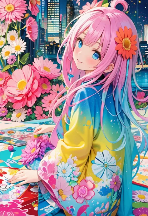 anime smiling girl with pink hair and blue eyes sitting on a rug, anime style 4 k, anime art wallpaper 4 k, anime art wallpaper ...