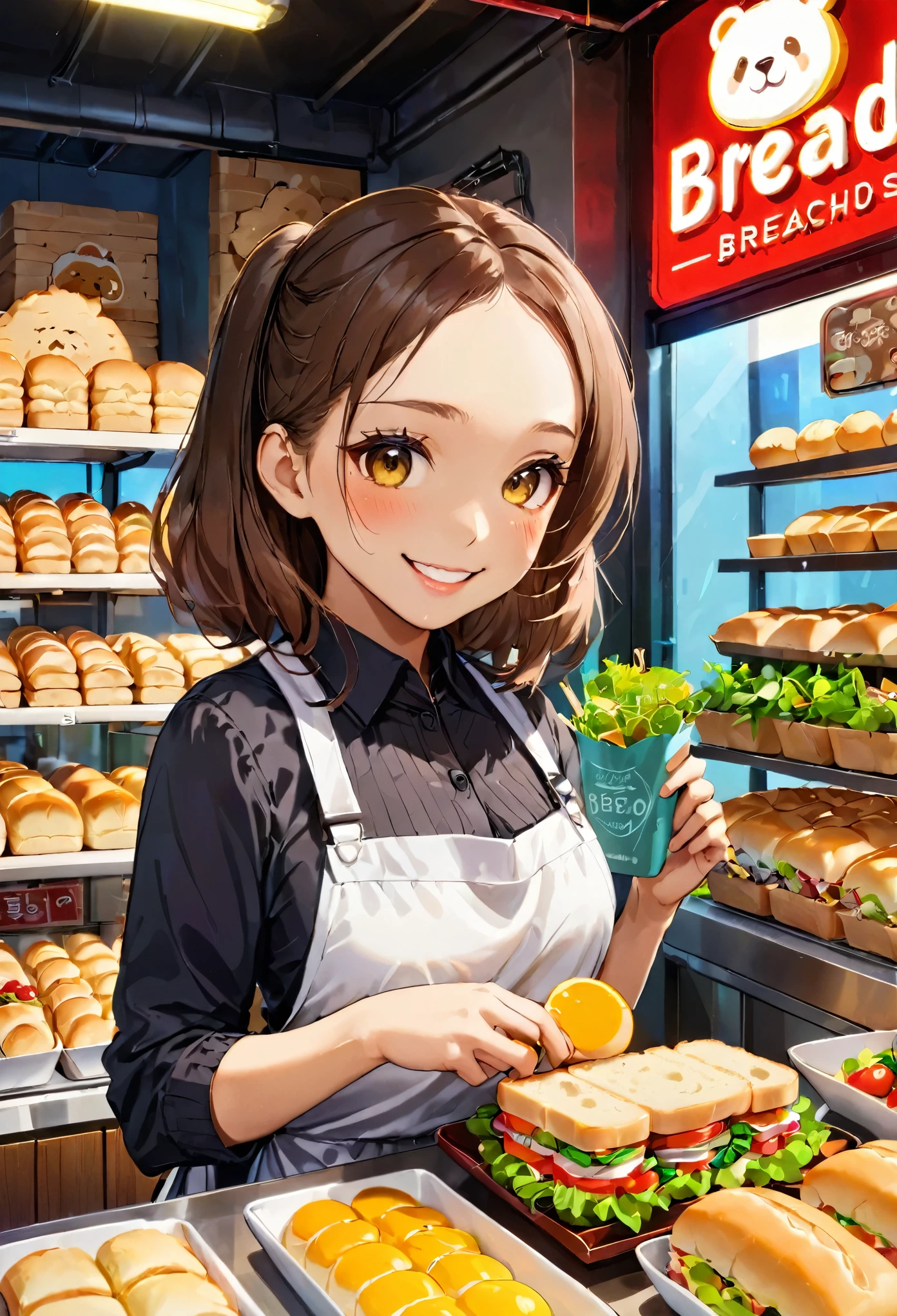 Bread店，A pretty girl，Female shop assistant，Happy smile，beautiful face，制作Sandwiches，_Give，A cute bear shop sign on the wall，小熊Bread，neon light，Bread，biscuit，Sandwiches，Salad，Bottled drinks，anime，Nice background，Depth of Field，CG unity，illustration，