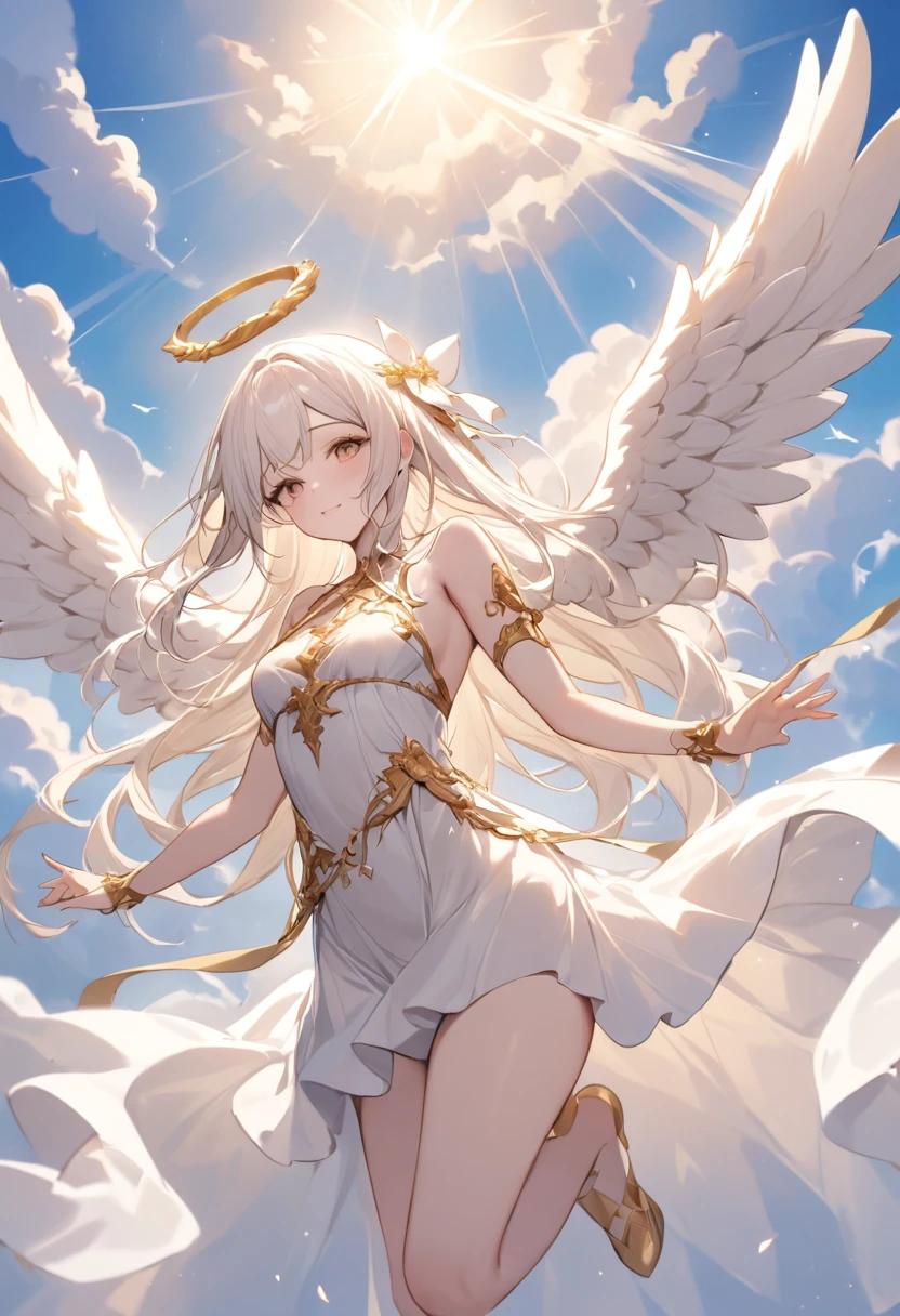 masterpiece, Very high quality,Angel, Light, (cloud:1.3), fly in the sky, white Angel wings, Hello l, Lilia,  Gold coloring