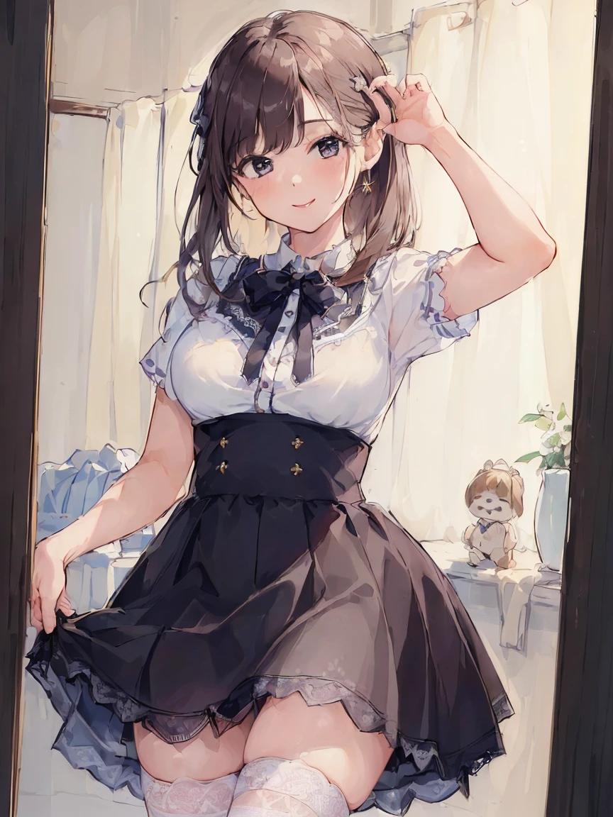 ((Highest quality、8k、masterpiece:1.3))、((masterpiece, Highest quality)), (One girl), ((Mature Woman)), In a dress、Lifting the hem of her skirt to greet、smile,SKIRT LIFT,PANTY,lace trim
