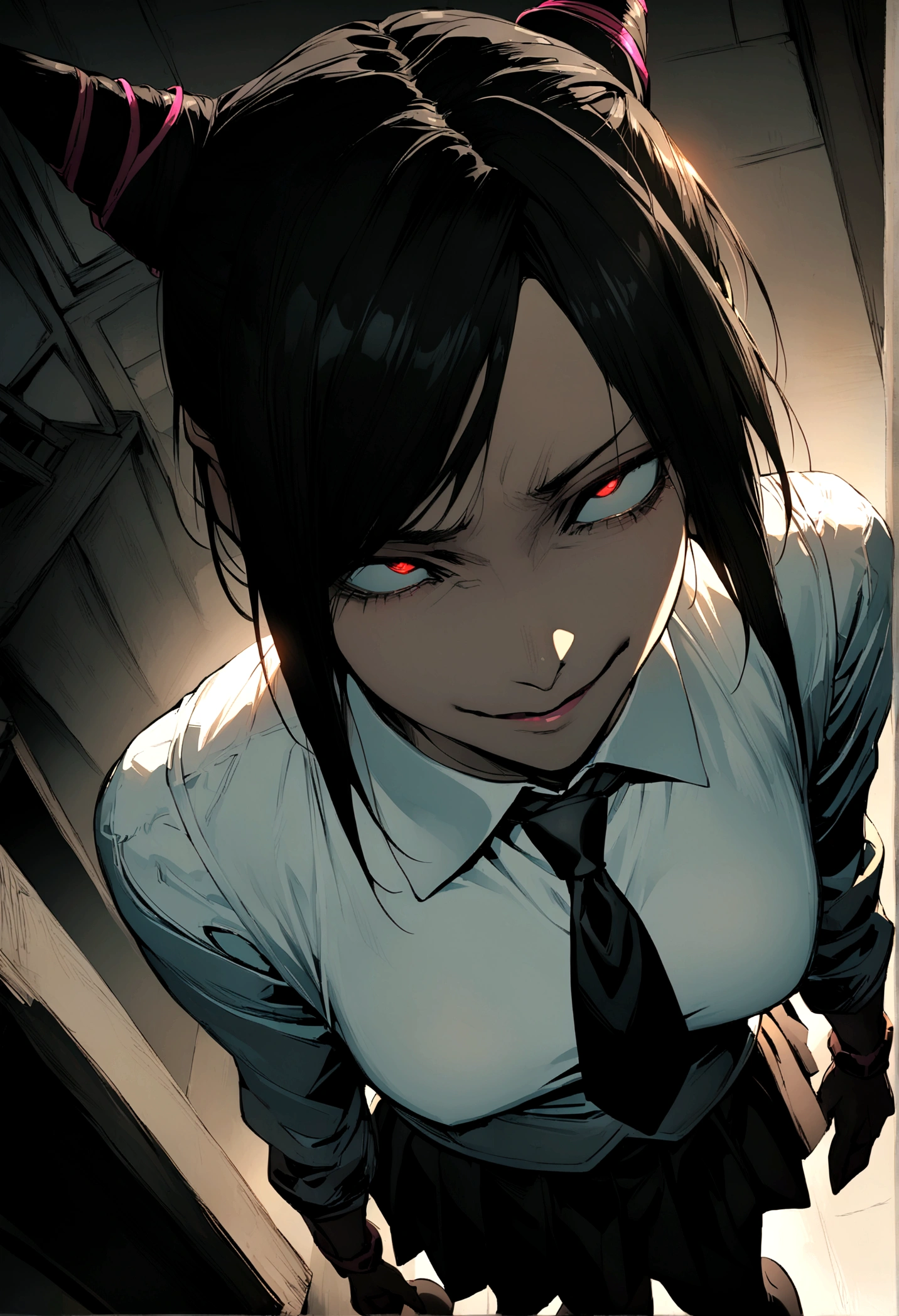 Juri Han, artwork, tight white secretary shirt with black tie, skirt short preta, skirt short,sock, Bblack hair, blackstockings,evil smile,DESK,bangs on the eyes,lighting,horn of hair,from above view,looking to the down,view from below
