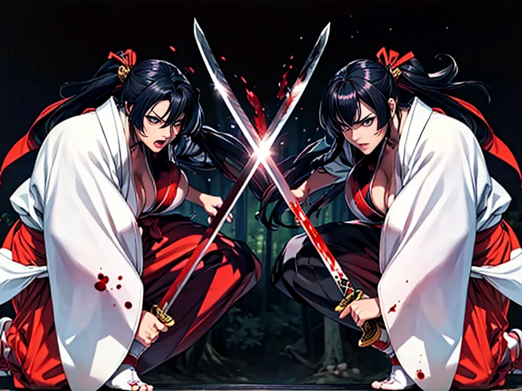 ((face each other: 1.5)), ((killing each other, samurai sword duel)), (highest quality, masterpiece, High resolution, Female samurai and female samurai kill each other in the bamboo forest), ((sweating:1.1)), (((Killing a female samurai with a sword))), (two young women), black hair, long hair, purple eyes, hime cut, japanese clothes, miko, holding weapon, katana, ((standing)), outdoors, full body, angry expression score_9, score_8_up, score_7_up, score_6_up, score_5_up, score_4_up, BREAK source_anime, masterpiece, (erect nipples), (blood: 1.2), (evil: 1.1), female samurai style, black kimono, ((furisode)), hakama, (wearing red hakama: 1.5), ((kimono covered breasts)), (white tabi ankle socks: 1.3), very large breasts, black hair, black hakama wide pants, black hakama pleated pants, swinging sword, (blood flowing: 1.2), (blood splatter: 1.2)