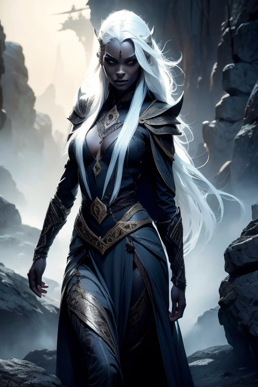 A beautiful dark elf woman, drow, with dark grey skin and long white hair, intricate detailed facial features, porcelain skin, striking eyes, full lips, slender figure, ranger clothes, bow and arrows, dramatic lighting, dramatic fantasy scene, dark moody atmosphere, detailed textures, highly detailed, 8k, cinematic, award-winning artwork, digital painting, concept art, photorealistic, full body shot 