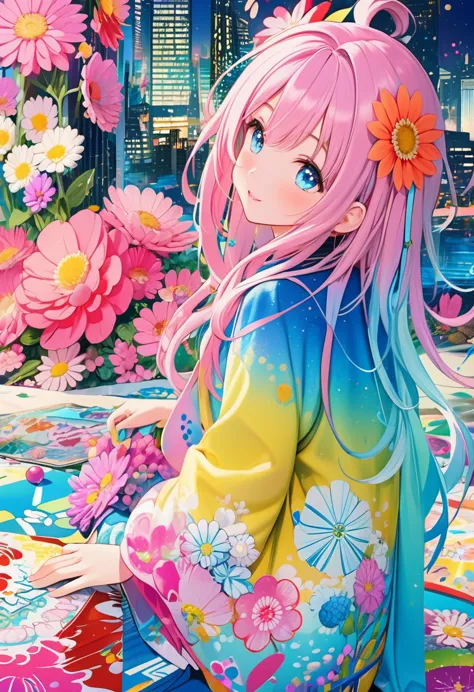 anime smiling girl with pink hair and blue eyes sitting on a rug, anime style 4 k, anime art wallpaper 4 k, anime art wallpaper ...