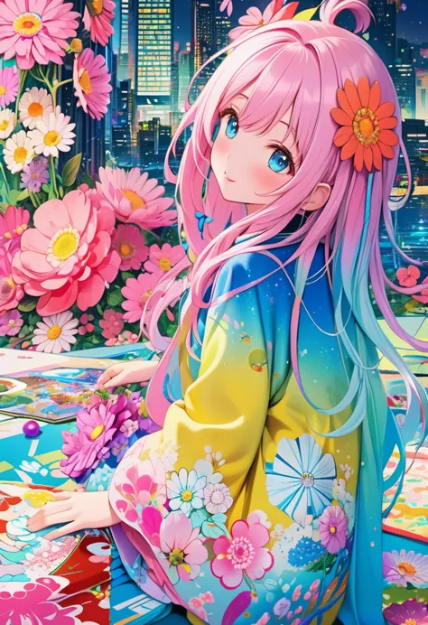 anime smiling girl with pink hair and blue eyes sitting on a rug, anime style 4 k, anime art wallpaper 4 k, anime art wallpaper ...