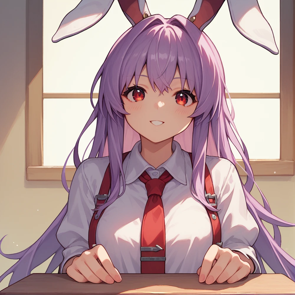 score_9, score_8_up, score_8, score_9, 1 girl,  source_anime,  reisen udongein inaba, purple hair, red eyes, rabbit ears, rabbit girl, long hair, portrait, white shirt, red necktie, sitting table, eatting sundae