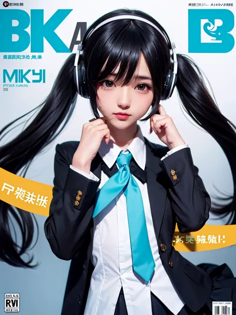 magazine cover、Hatsune Miku Cosplay、Black Hair、The hair is very short、Twin tails、I have headphones on、Singing a song with a micr...
