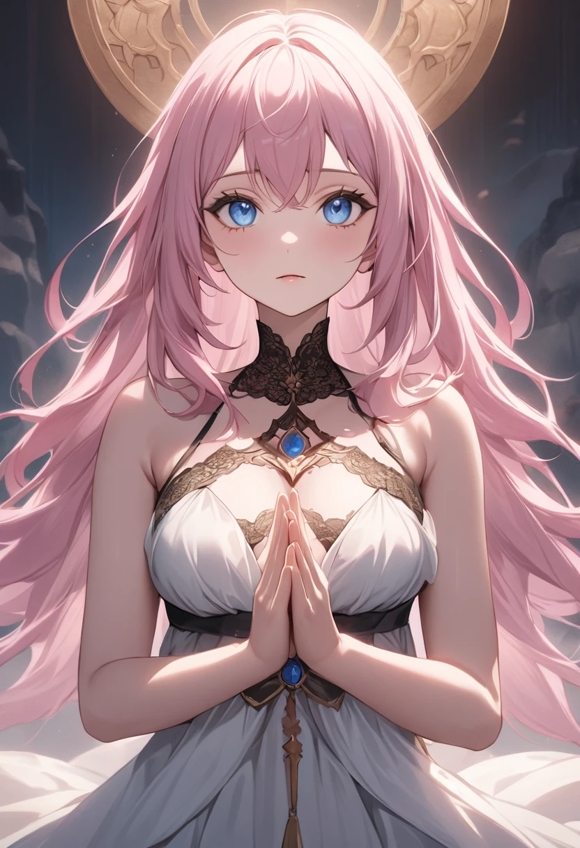 (masterpiece, 8K, Absurd, Digital Art, Digそれal Illustration, Realistic, Very detailed, Realistic lighting), (Perfect Face, Perfect Eyes, Perfect body),Lilia, One Girl、Pink long hair、blue eyes、White dress with black lace、A big pink ribbon on her chest., Meditating, Dusk, Symmetrical, Close-up, Dim and mystical, Character's hands, Stone-like, Spiritual, anime style, attractive anime, pixiv fan art