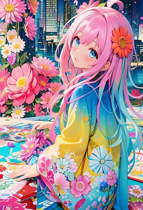 anime smiling girl with pink hair and blue eyes sitting on a rug, anime style 4 k, open mouth, anime art wallpaper 4 k, anime ar...