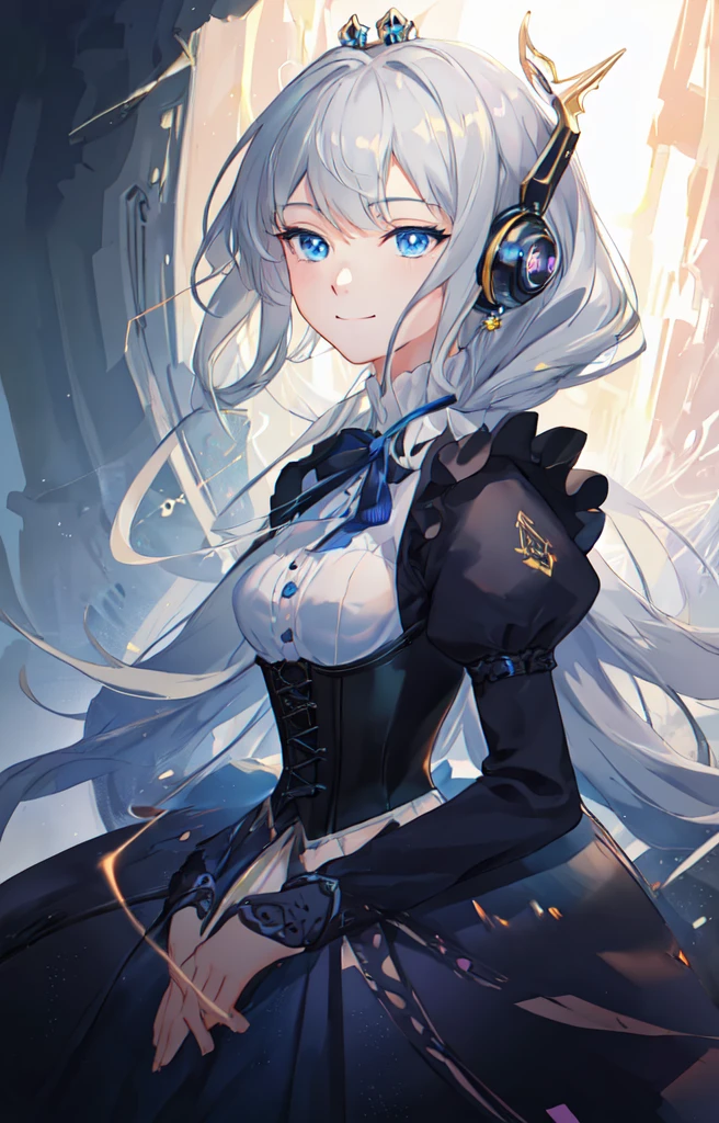 masterpiece, best quality, (extremely detailed CG unity 8k wallpaper), (best quality), (best illustration), (best shadow), absurdres, realistic lighting, (Abyss), beautiful detailed glow, portrait, close up, head tilt, anime, solo, 1girl, close up shot, from the side, dress, ribbon bow, ribbon tie, long braided white hair, (gray eyes, mixed eyes, blue eyes, bright eyes:1.1), dignified, princess, corset, (smile:0.92), soft expression, composition, gentle, tidy hair, royalty, royal family, (eye symbols, symbol eyes, magical eyes, marked eyes, Wuthering Waves:1.04), (stealthtech, cutting edge, sleek angular, scifi:1.2)