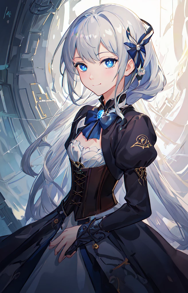 masterpiece, best quality, (extremely detailed CG unity 8k wallpaper), (best quality), (best illustration), (best shadow), absurdres, realistic lighting, (Abyss), beautiful detailed glow, portrait, close up, head tilt, anime, solo, 1girl, close up shot, from the side, dress, ribbon bow, ribbon tie, long braided white hair, (gray eyes, mixed eyes, blue eyes, bright eyes:1.1), dignified, princess, corset, (smile:0.92), soft expression, composition, gentle, tidy hair, royalty, royal family, (eye symbols, symbol eyes, magical eyes, marked eyes, Wuthering Waves:1.04), (stealthtech, cutting edge, sleek angular, scifi:1.2)