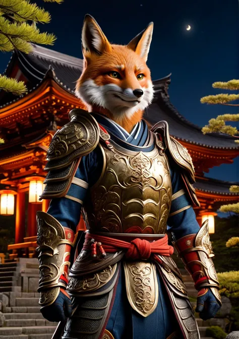 an anthropomorphic fox monster dressed in old japanese samurai armor、wearing samurai armor、in front of the ruins of the shrine、m...