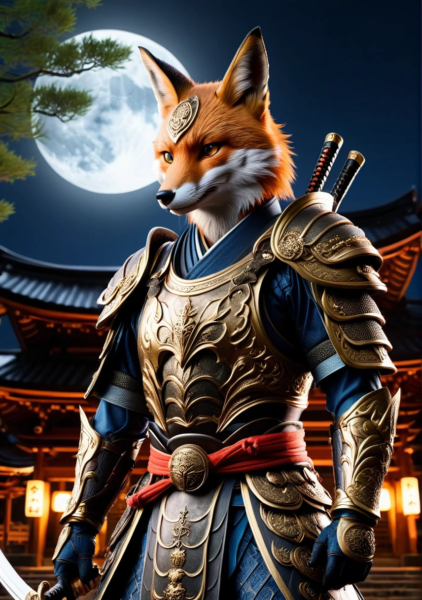 An anthropomorphic fox monster dressed in old Japanese samurai armor、Wearing samurai armor、In front of the ruins of the shrine、Moonlit Night、rich vegetation、Old tales、Like in the movies、8K、16K、detailed
