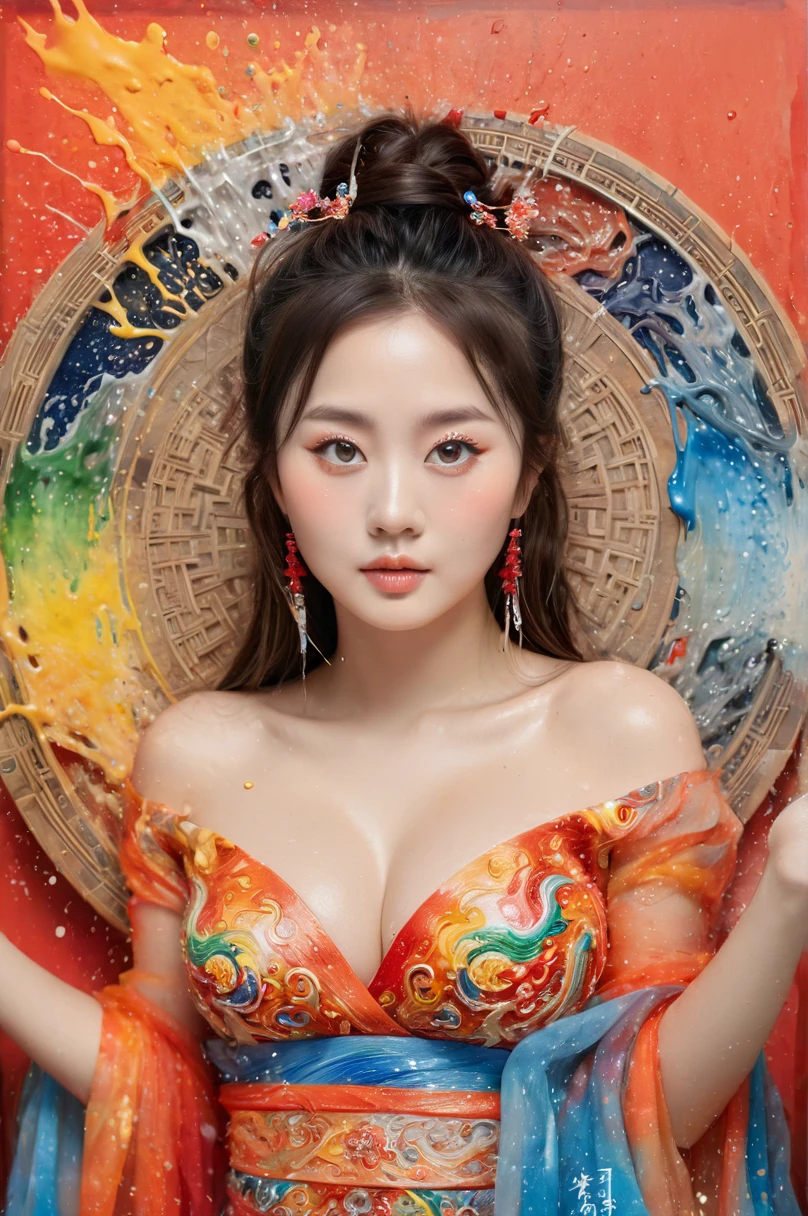 Colorful, multiple colors, intricate detail, splash screen, photorealistic, intricately detailed fluid gouache painting, calligraphy, acrylic, watercolor art,
masterpiece, best quality, 1girl,  chinese,cleavage