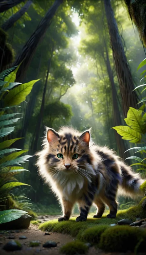 Whiskers stands alone, looking small and scared among the towering jungle trees. The light filters through the canopy, casting d...