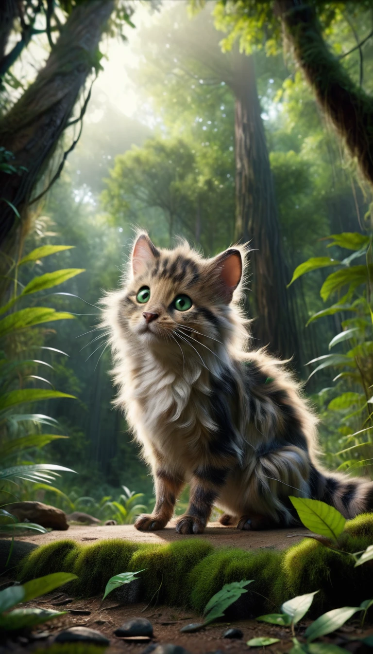 Whiskers stands alone, looking small and scared among the towering jungle trees. The light filters through the canopy, casting dappled shadows. Whiskers’ green eyes are wide with fear, and his fur is slightly ruffled.
