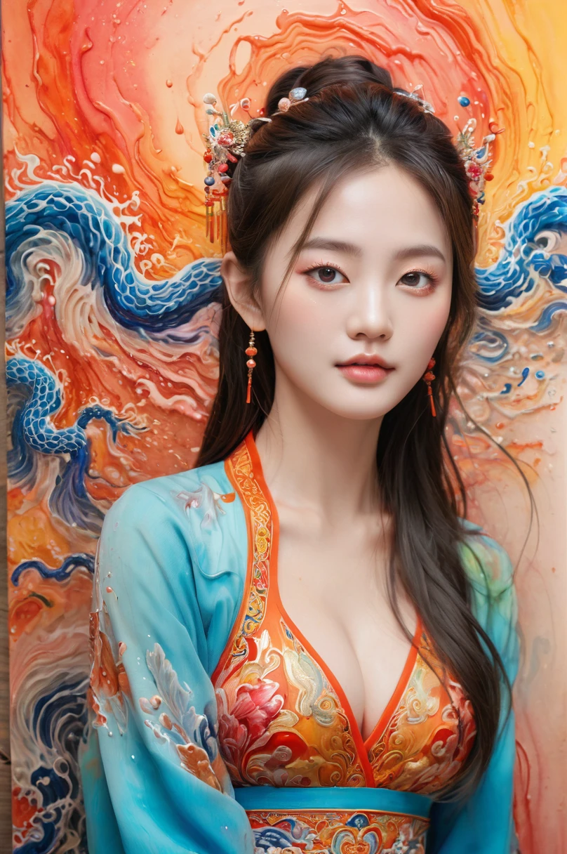 丰富多彩的, 多种颜色, 复杂的细节, 启动画面, 真实感, 精致细腻的流体水粉画, 书法, 丙烯酸纤维, 水彩艺术,
杰作, 最好的质量, 1女孩,  中国人,裂解