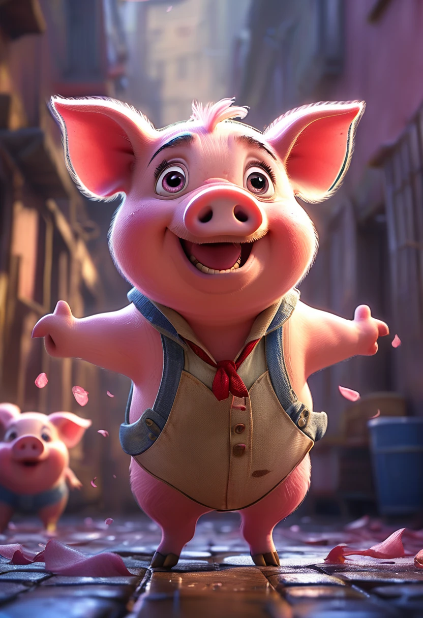 cute pink pig, cartoon,arms, hands ,cute eyes, big pig ears,looking at viewer, arms up, dirty effects, particles, random, dirty background, clothes, dirty