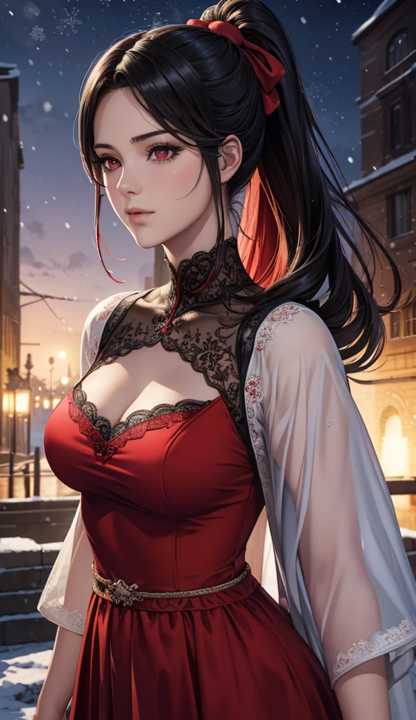 Red Eyes, (best quality, masterpiece painting:1.3), immature woman, 16 years old, (Half-length photo), masterpiece, Ultra-high resolution, (Photorealism:1.0), Black Hair, Ponytail, Straight Hair, Beautiful shiny hair, White and shiny skin, ((Ultra-realistic details)), Octane Rendering, Highly detailed face, (Large Breasts:0.8), 她穿着蛛网一样大clothing, A flowing red dress，Decorated with lace and ribbons, (clothing: Red Belle Époque dress with lace and ribbon),cleveage, Perfect body, soft skin, Anime Face, Perfect face, Perfect eyes, Looking at the audience, clever, Snow Scene, ((Snowflakes falling)), ((A wonderful night)), ((outdoor)), Clear focus, Intricate details, Professional artwork, (Vibrant colors:1.1), Vibrant colors, diffused Lighting, Digital Mixing, Ultra-clear body, Ultra-fine hair, Super detailed face, That&#39;it&#39;Popular on Pixiv, Top button open, 可爱的目Light, compensate, Perfect lips, perfect compensate, Ultra-precision coating,  (Light_Smile:0.8), (so awkward:1.2), blush your nose,